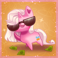 Size: 5000x5000 | Tagged: safe, artist:irinamar, oc, oc only, oc:sweet bronco, pony, unicorn, awww, bills, blushing, chibi, commission, cool, cute, daaaaaaaaaaaw, digital art, full body, glasses, horn, looking at you, male, money, not clear sky, simple background, smiling, smiling at you, solo, sparkles, stallion, sunglasses, unicorn oc