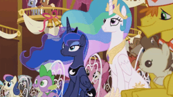 Size: 520x293 | Tagged: safe, screencap, bon bon, carrot cake, jeff letrotski, lyra heartstrings, meadow song, pound cake, princess celestia, princess luna, roseluck, royal riff, ruby pinch, spike, sweetie drops, thunderlane, alicorn, dragon, earth pony, pony, g4, season 5, slice of life (episode), animated, baby, baby pony, female, gif, hoof hold, looking at each other, looking at someone, male, sibling love, sisterly love, stallion