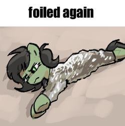 Size: 332x333 | Tagged: safe, artist:plunger, oc, oc only, oc:filly anon, earth pony, pony, drawthread, female, filly, foal, foil, lying down, meme, on side, png, ponified animal photo, ponified meme, pun, reference in the description, solo, tinfoil, underhoof, visual pun, wrapped up