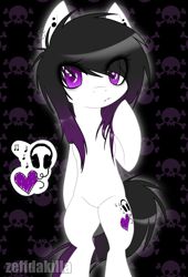 Size: 1700x2500 | Tagged: safe, artist:zeffdakilla, oc, oc only, oc:lacey lullaby, earth pony, pony, bipedal, black mane, ear piercing, earring, emo, holding hair, holding mane, jewelry, lip piercing, looking at you, piercing, purple eyes, raised hoof, solo, standing, white fur
