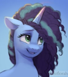 Size: 2189x2468 | Tagged: safe, artist:pasiflorah, misty brightdawn, pony, unicorn, g5, my little pony: make your mark, bust, cornrows, cute, female, grin, high res, mare, mistybetes, nervous, nervous smile, portrait, smiling, solo