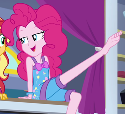 Size: 1038x944 | Tagged: safe, screencap, pinkie pie, sunset shimmer, human, equestria girls, equestria girls specials, g4, my little pony equestria girls: better together, my little pony equestria girls: sunset's backstage pass, bare shoulders, clothes, cropped, feet, nightgown, pajamas, sleeveless