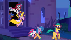 Size: 3072x1727 | Tagged: safe, screencap, hitch trailblazer, izzy moonbow, nightmare moon, pipp petals, sparky sparkeroni, sunny starscout, zipp storm, dragon, earth pony, pegasus, pony, unicorn, g5, haunted house (episode), my little pony: tell your tale, spoiler:g5, spoiler:my little pony: tell your tale, spoiler:tyts01e31, amalgamation, amalgamizzy, baby, baby dragon, cosplay, costume, eyes closed, female, flying, haunted house, high res, male, mane five, mane stripe sunny, mare, night, nightmare moon armor, nightmare night costume, nightmare sunny, open mouth, open smile, royal sisters (g5), running, siblings, sisters, smiling, spread wings, stallion, sunglasses, wings, youtube link