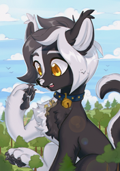 Size: 846x1200 | Tagged: safe, artist:ls_skylight, oc, bird, pony, sphinx, unicorn, bell, bell collar, chest fluff, collar, commission, forest, macro, macro/micro, micro, paws, tiny, tree, ych result