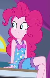 Size: 517x810 | Tagged: safe, screencap, pinkie pie, human, equestria girls, equestria girls specials, g4, my little pony equestria girls: better together, my little pony equestria girls: sunset's backstage pass, bare shoulders, blue eyes, bow, clothes, cropped, cute, grin, nightgown, pajamas, pink hair, pink skin, shorts, sitting, sleeveless, smiling, solo, wristband
