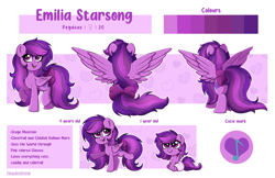 Size: 2800x1809 | Tagged: safe, artist:madelinne, oc, oc only, oc:emilia starsong, pegasus, pony, baby, cheerful, female, filly, foal, mare, open mouth, open smile, pink, purple, reference sheet, simple background, smiling, solo