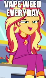 Size: 534x898 | Tagged: safe, screencap, sunset shimmer, human, equestria girls, equestria girls specials, g4, my little pony equestria girls: better together, my little pony equestria girls: sunset's backstage pass, caption, clothes, cropped, drugs, dudeweed, high, image macro, implied drug use, marijuana, pajamas, solo, text, vape