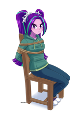 Size: 1784x2632 | Tagged: source needed, useless source url, safe, artist:riouku, aria blaze, human, equestria girls, g4, my little pony equestria girls: rainbow rocks, abuse, arm behind back, bondage, breasts, chair, clothes, commission, converse, eyebrows, eyelashes, female, frown, glare, helpless, high res, hoodie, looking at you, rope, rope bondage, shoes, simple background, solo, tied to chair, tied up, white background