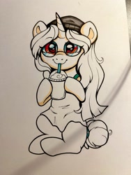 Size: 1536x2048 | Tagged: safe, artist:confetticakez, oc, oc only, pony, unicorn, beanie, drink, glasses, hat, sipping, smiling, solo, traditional art