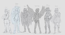 Size: 4636x2502 | Tagged: safe, artist:itssilver, oc, oc only, oc:aux luminance, oc:blaze, oc:phase, oc:shining amber, oc:silver, oc:stormbringer, human, equestria girls, g4, horn, horned humanization, humanized, ponied up, simple background, sketch, winged humanization, wings