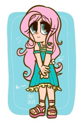 Size: 785x1165 | Tagged: safe, artist:oc_ponys, fluttershy, human, g4, blushing, clothes, cute, dress, eyebrows, eyebrows visible through hair, female, full body, humanized, japanese, looking away, no nose, sandals, shy, shyabetes, solo, standing