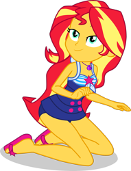 Size: 2482x3252 | Tagged: safe, alternate version, artist:dustinwatsongkx, sunset shimmer, human, equestria girls, g4, accessory swap, bare shoulders, clothes, clothes swap, feet, female, geode of telekinesis, high res, kneeling, magical geodes, one-piece swimsuit, sandals, sci-twi swimsuit, simple background, sleeveless, solo, swimsuit, swimsuit swap, transparent background