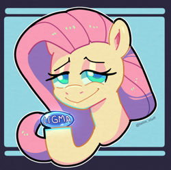 Size: 1010x1000 | Tagged: safe, artist:talimingi, fluttershy, pegasus, pony, g4, blue background, female, ligma, looking at you, meme, simple background, smiling, smiling at you, solo