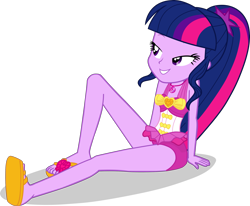 Size: 2636x2172 | Tagged: safe, artist:dustinwatsongkx, sci-twi, twilight sparkle, human, equestria girls, g4, accessory swap, bare shoulders, clothes, clothes swap, feet, female, geode of sugar bombs, high res, magical geodes, one-piece swimsuit, pinkie pie swimsuit, pinkie pie's beach shorts swimsuit, simple background, sleeveless, solo, swimsuit, swimsuit swap, transparent background