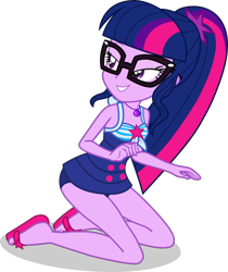 Size: 3125x3727 | Tagged: safe, artist:dustinwatsongkx, sci-twi, twilight sparkle, human, equestria girls, equestria girls specials, g4, my little pony equestria girls: better together, my little pony equestria girls: forgotten friendship, x marks the spot, bare shoulders, clothes, female, geode of telekinesis, glasses, high res, kneeling, magical geodes, one-piece swimsuit, sandals, sci-twi swimsuit, simple background, sleeveless, solo, swimsuit, transparent background, vector