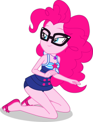 Size: 2379x3119 | Tagged: safe, artist:dustinwatsongkx, pinkie pie, human, equestria girls, accessory swap, bare shoulders, clothes, clothes swap, female, geode of telekinesis, glasses, magical geodes, one-piece swimsuit, sandals, sci-twi swimsuit, simple background, sleeveless, solo, swimsuit, swimsuit swap, transparent background