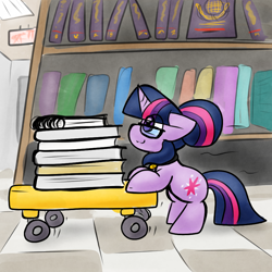 Size: 900x900 | Tagged: safe, artist:zutcha, sci-twi, twilight sparkle, pony, unicorn, g4, book, bookshelf, collar, equestria girls ponified, female, glasses, pet tag, pettwi, pony pet, solo, that pony sure does love books, unicorn sci-twi