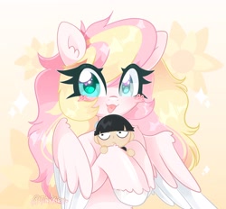 Size: 2048x1901 | Tagged: safe, artist:tinykiru, oc, oc:ninny, human, pegasus, pony, eye clipping through hair, happy, open mouth, open smile, size difference, smiling