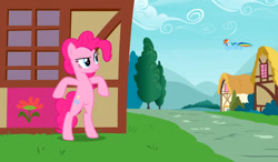 Size: 938x548 | Tagged: safe, screencap, pinkie pie, rainbow dash, earth pony, pegasus, pony, g4, season 7, secrets and pies, bipedal, duo