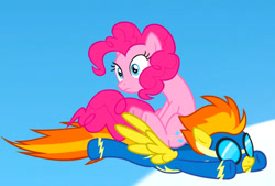 Size: 796x538 | Tagged: safe, screencap, pinkie pie, spitfire, earth pony, pegasus, pony, g4, season 7, secrets and pies, cropped, duo, duo female, female, flying, mare, riding, riding a pony