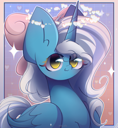 Size: 1950x2100 | Tagged: safe, artist:miryelis, oc, oc only, oc:fleurbelle, alicorn, pony, bow, bust, female, gift art, heart, horn, long hair, looking at you, simple background, smiling, smiling at you, solo, wings