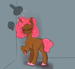 Size: 2248x2048 | Tagged: safe, artist:mostvaluedpony, oc, oc:cuddle cakes, pony, unicorn, femboy, food, happy, high res, male, poofy mane, shower, solo, sprinkle shower, sprinkles