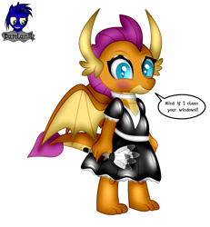 Size: 3840x4154 | Tagged: safe, artist:damlanil, smolder, dragon, g4, clothes, comic, cute, dragon wings, dragoness, duster, eyelashes, eyeshadow, female, happy, horns, latex, looking at you, maid, makeup, rubber, shiny, show accurate, simple background, smiling, smolderbetes, solo, speech bubble, standing, text, transparent background, vector, wings