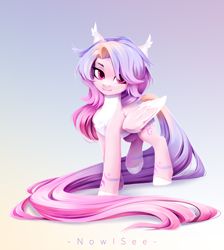 Size: 3000x3344 | Tagged: source needed, safe, alternate version, artist:inowiseei, oc, oc only, oc:twinkling, pegasus, pony, :3, chest fluff, colored ear fluff, colored ear tufts, colored hooves, colored wings, ear tufts, female, gradient background, gradient mane, gradient tail, hair over one eye, high res, long tail, mare, modified, pale belly, pegasus oc, smiling, solo, tail, two toned wings, walking, wings