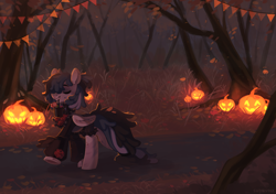 Size: 3572x2511 | Tagged: safe, artist:sugarstar, oc, oc only, pegasus, pony, candy, food, forest, halloween, high res, holiday, jack-o-lantern, pumpkin, solo