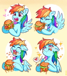 Size: 1799x2048 | Tagged: safe, artist:千雲九枭, rainbow dash, pegasus, pony, g4, :p, abstract background, bacon, burger, cheese, cute, dashabetes, ear fluff, eating, eyes closed, female, floating heart, floppy ears, food, hay burger, heart, lettuce, licking, licking lips, mare, meat, messy eating, open mouth, ponies eating meat, sandwich, sliced cheese, solo, spread wings, starry eyes, swallowing, throat bulge, tomato, tongue out, wingding eyes, wings