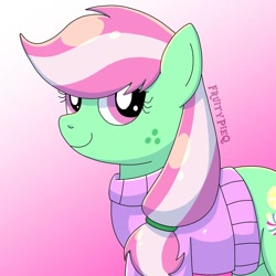 Size: 1000x1000 | Tagged: safe, artist:fruiitypieq, artist:shycookieq, minty (g4), earth pony, pony, g4, clothes, female, gradient background, solo, sweater