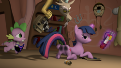 Size: 3840x2160 | Tagged: safe, artist:charlydasher, discord, spike, twilight sparkle, draconequus, dragon, pony, unicorn, g4, 3d, burned, burned butt, butt, camera, clothes, eyebrows, featureless crotch, female, fire extinguisher, glowing, glowing horn, golden oaks library, high res, horn, letter, library, literal butthurt, magic, magic aura, mare, pain, panties, plot, scroll, smoke, source filmmaker, striped underwear, telekinesis, trio, twibutt, unamused, underwear, unicorn twilight, we don't normally wear clothes