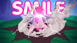 Size: 3840x2160 | Tagged: safe, artist:dersen, pinkie pie, smile hd, g4, crater, glowing, glowing eyes, grimdark source, grotesque source, high res, imminent death, lightning, ponk, steam, xk-class end-of-the-world scenario