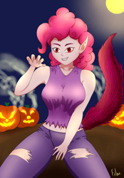 Size: 2350x3380 | Tagged: safe, artist:film77asq, pinkie pie, human, werewolf, equestria girls, g4, belly button, breasts, busty pinkie pie, clothes, female, halloween, high res, holiday, jack-o-lantern, pumpkin, solo, torn clothes
