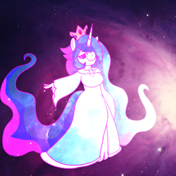 Size: 1000x1000 | Tagged: safe, artist:sugartanuki, princess celestia, unicorn, anthro, g4, clothes, cosmic, crown, dress, female, jewelry, long hair, purple, regalia, rosalina (mario), smiling, solo, space, stars