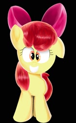 Size: 1063x1700 | Tagged: safe, artist:scratch1666, apple bloom, earth pony, pony, g4, black background, female, grin, one ear down, simple background, smiling, solo