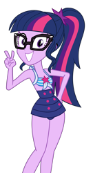 Size: 3111x5768 | Tagged: safe, artist:keronianniroro, edit, vector edit, sci-twi, twilight sparkle, human, equestria girls, equestria girls series, forgotten friendship, g4, adorkable, bare shoulders, bikini, clothes, cute, dork, female, front knot midriff, glasses, grin, looking at you, meganekko, midriff, one-piece swimsuit, peace sign, ponytail, sci-twi swimsuit, sci-twiabetes, simple background, sleeveless, smiling, solo, swimsuit, transparent background, twiabetes, vector