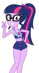 Size: 3111x5768 | Tagged: safe, artist:keronianniroro, edit, vector edit, sci-twi, twilight sparkle, human, equestria girls, equestria girls series, forgotten friendship, adorasexy, adorkable, bare shoulders, bikini, clothes, cute, dork, female, front knot midriff, glasses, grin, looking at you, midriff, one-piece swimsuit, peace sign, ponytail, sci-twi swimsuit, sexy, simple background, sleeveless, smiling, solo, swimsuit, transparent background, twiabetes, vector