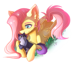 Size: 1619x1434 | Tagged: safe, artist:yuris, fluttershy, cat, pegasus, pony, g4, ear fluff, ears up, female, folded wings, grass, looking at someone, looking down, lying down, mare, prone, resting, shoulder fluff, simple background, solo, three quarter view, white background, wings
