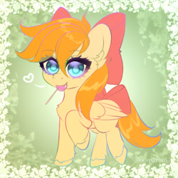 Size: 3000x3000 | Tagged: safe, artist:monstrum, oc, oc:deliambre, pegasus, pony, bow, candy, chibi, cute, food, full body, hair bow, high res, lollipop, looking at you, solo