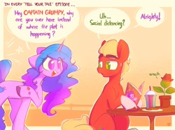 Size: 2732x2048 | Tagged: safe, artist:scribble-potato, izzy moonbow, pipp petals, sprout cloverleaf, earth pony, pegasus, pony, unicorn, g5, bracelet, chocolate chip cookie, cookie, dialogue, drink, female, food, friendship bracelet, high res, jewelry, magazine, male, mare, one eye closed, open mouth, planty the potted plant, potted plant, smoothie, speech bubble, stallion, sweat, sweatdrop, vase