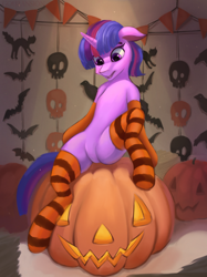 Size: 1498x2002 | Tagged: safe, alternate version, artist:foxpit, twilight sparkle, pony, unicorn, g4, clothes, female, halloween, holiday, mare, pumpkin, socks, solo, stockings, striped socks, thigh highs, unicorn twilight