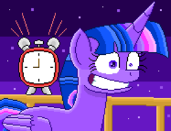 Size: 4862x3718 | Tagged: safe, artist:superhypersonic2000, twilight sparkle, alicorn, pony, between dark and dawn, g4, my little pony: friendship is magic, absurd resolution, alarm clock, clock, female, gritted teeth, mare, pinpoint eyes, pixel art, scene interpretation, solo, teeth, twilight sparkle (alicorn)