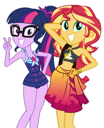 Size: 3535x4326 | Tagged: safe, artist:keronianniroro, edit, vector edit, sci-twi, sunset shimmer, twilight sparkle, human, equestria girls, equestria girls series, forgotten friendship, absurd resolution, adorasexy, adorkable, bare shoulders, beach babe, belly button, bikini, clothes, cute, dork, duo, female, glasses, grin, high res, looking at you, peace sign, ponytail, sarong, sci-twi swimsuit, sexy, simple background, sleeveless, smiling, stomach, sunset selfie, swimsuit, transparent background, twiabetes, vector