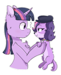 Size: 967x1196 | Tagged: safe, artist:paamyu, twilight sparkle, dog, pony, unicorn, g4, chest fluff, crossover, cute, duo, duo female, female, holding, littlest pet shop, looking at each other, looking at someone, question mark, simple background, transparent background, twiabetes, twilight barkle, unicorn twilight, zoe trent