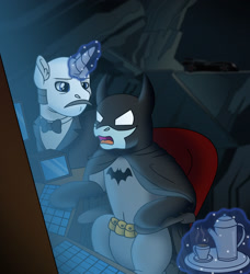 Size: 1600x1754 | Tagged: safe, artist:liv-and-b-merry, earth pony, pony, unicorn, alfred pennyworth, batcave, batcomputer, batman, batmobile, cave, chair, computer, dc comics, kettle, keyboard, male, mug, ponified, tray