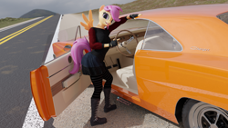 Size: 3840x2160 | Tagged: safe, artist:flutterpink_3d, scootaloo, pegasus, anthro, plantigrade anthro, g4, 3d, blender, blender cycles, car, clothes, dodge charger, female, high res, looking at you, outdoors, road, solo, tongue out, vehicle