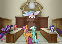 Size: 1024x725 | Tagged: safe, artist:sketchypon3, lyra heartstrings, octavia melody, princess celestia, rarity, scootaloo, twilight sparkle, oc, alicorn, earth pony, pegasus, pony, unicorn, g4, ace attorney, courtroom, deviantart watermark, obtrusive watermark, twilight sparkle (alicorn), watermark