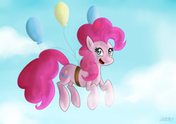 Size: 1024x725 | Tagged: safe, artist:sketchypon3, pinkie pie, earth pony, pony, g4, balloon, deviantart watermark, floating, obtrusive watermark, signature, solo, then watch her balloons lift her up to the sky, watermark