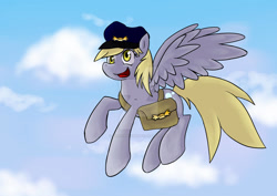 Size: 1024x724 | Tagged: safe, artist:sketchypon3, derpy hooves, pony, g4, bag, deviantart watermark, hat, mailbag, obtrusive watermark, solo, watermark